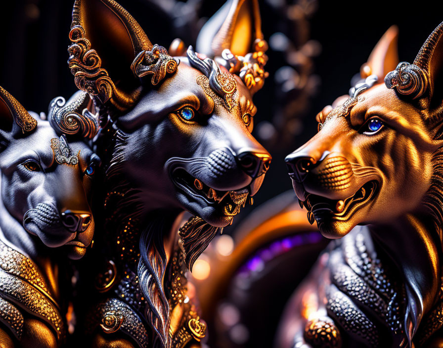 Ornate metallic sculptures of stylized dogs on dark background