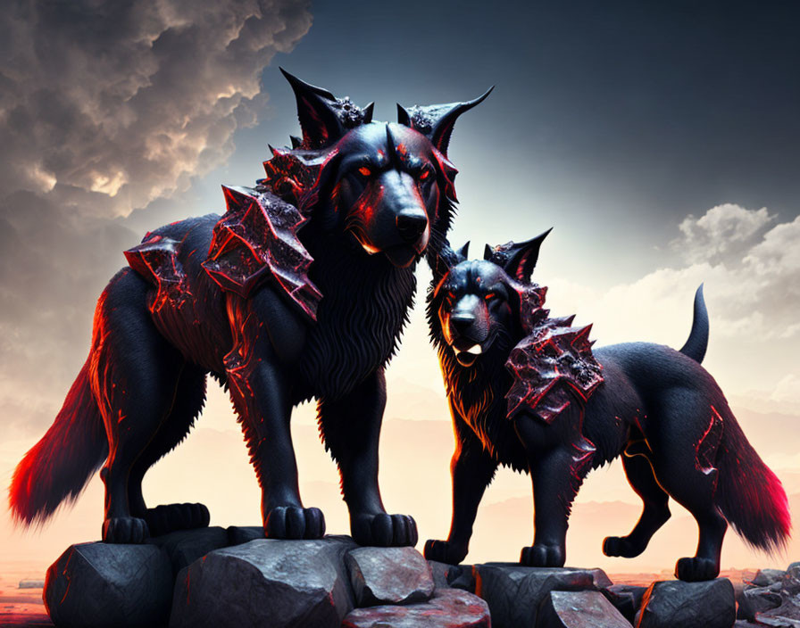 Stylized armored wolves with glowing red accents on rocky terrain