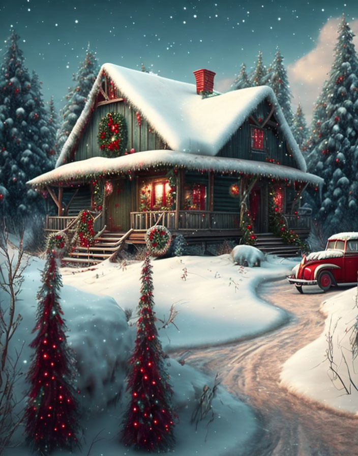 Snow-covered cottage with Christmas decorations and red car in winter scene