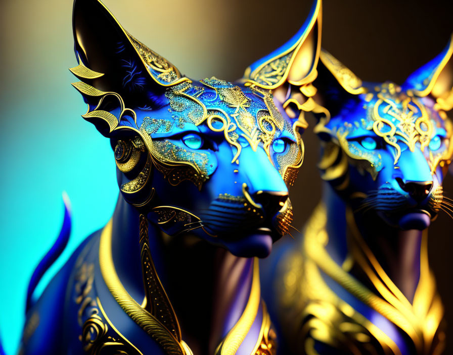 Intricate blue and gold cat sculptures on amber background