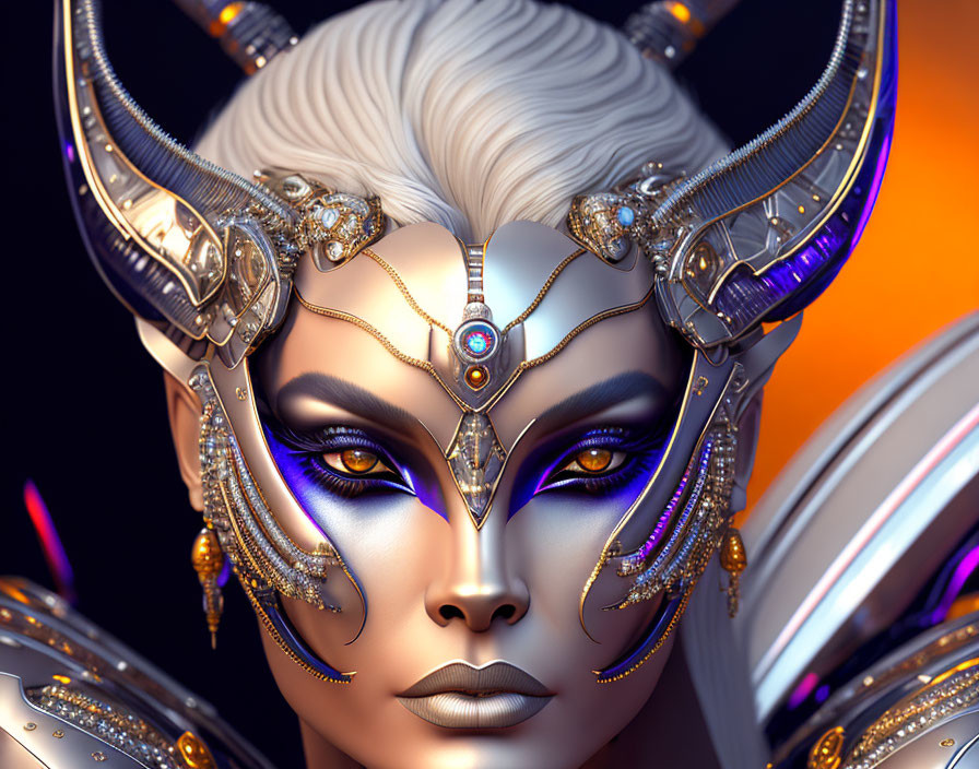 Female character with ornate horned headgear, piercing blue eyes, elaborate makeup, and metallic shoulder