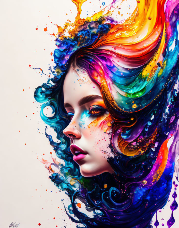 Vibrant digital artwork: Woman with colorful flowing hair