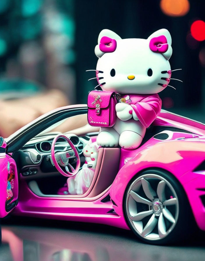 Pink Hello Kitty figurine in dress and purse posing in toy car on soft focus background