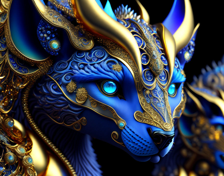 Detailed Digital Artwork: Blue Wolf-Like Creature with Golden Embellishments