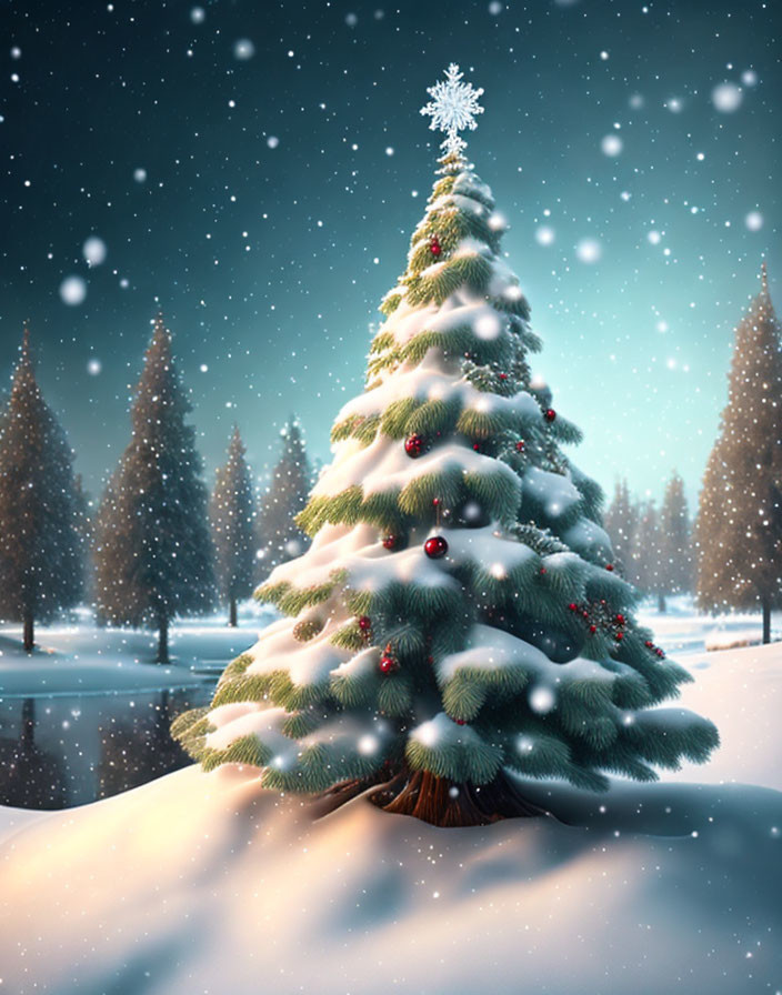 Snowy Christmas tree landscape under dusk sky