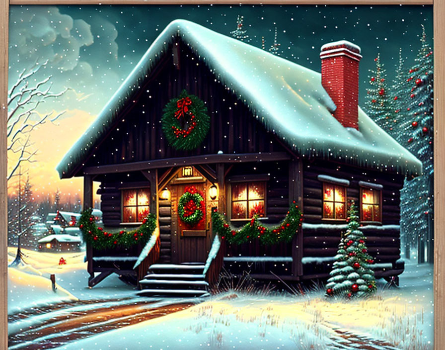 Snow-covered wooden cabin with festive wreaths and warm lights in twilight.