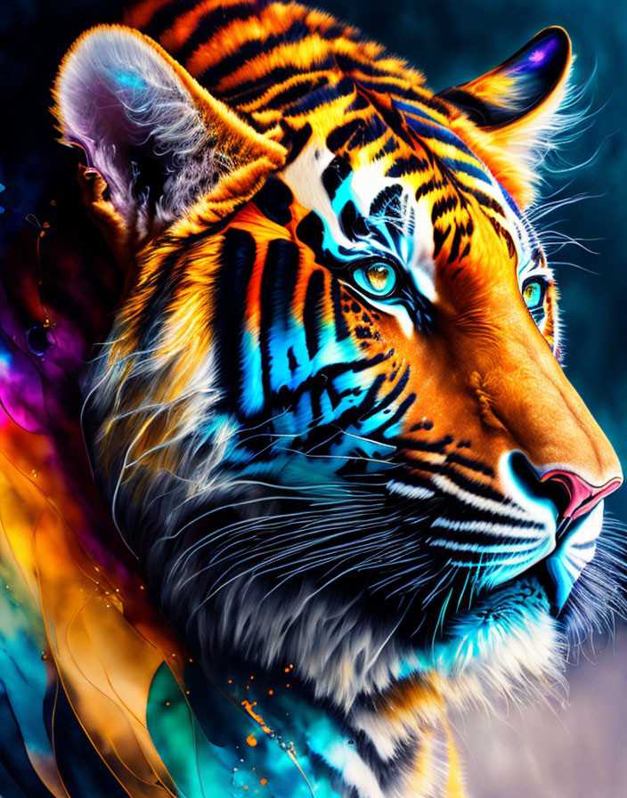 Colorful Tiger Head Digital Artwork with Intense Eyes