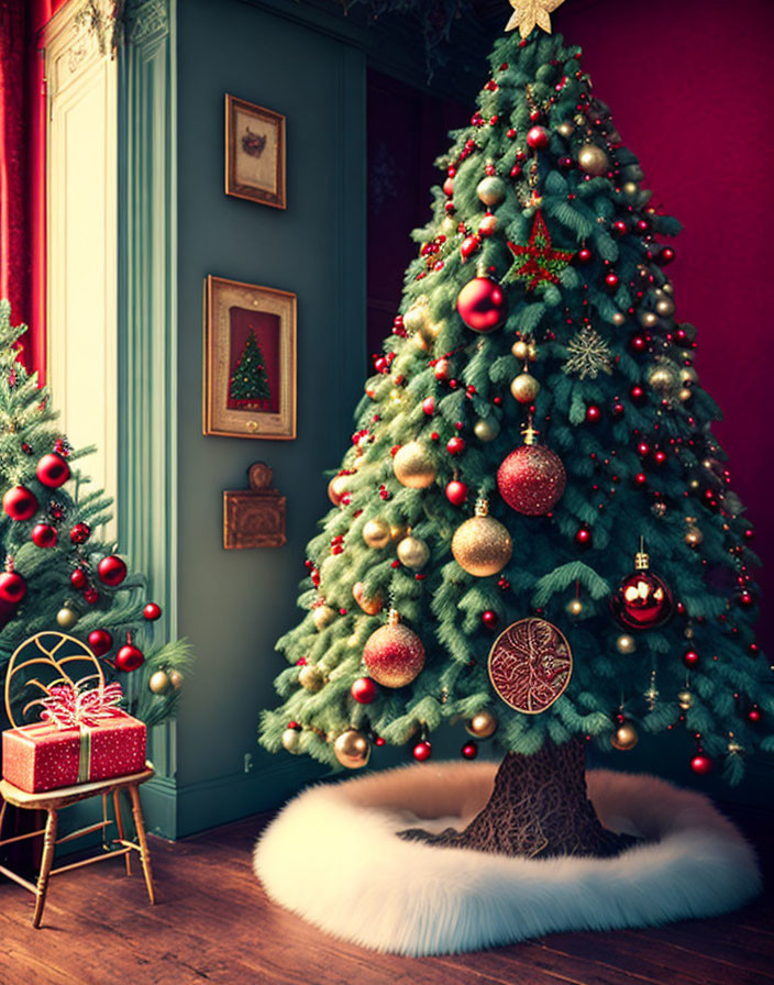 Festively decorated Christmas tree with red and green ornaments in a room with dark red wall and teal