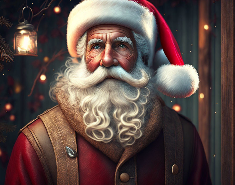 Person in Santa Claus costume with lantern in festive setting.