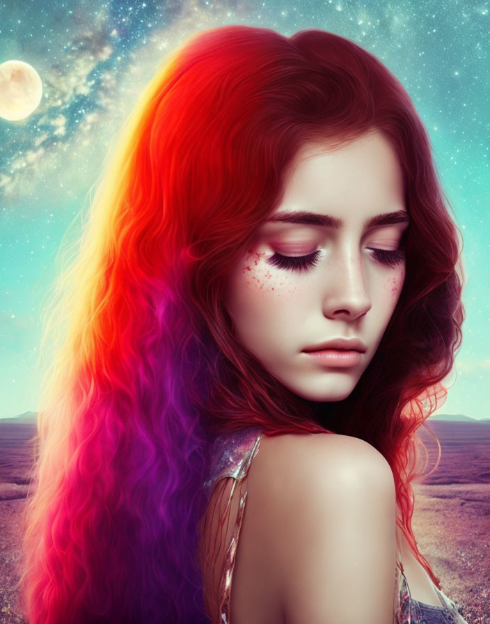 Colorful Woman with Rainbow Hair in Surreal Desert Landscape