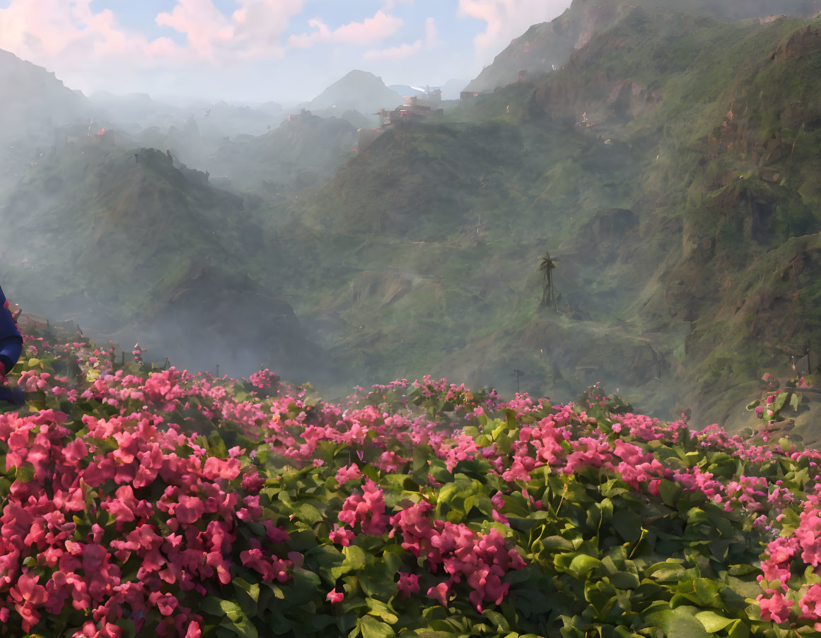 Tranquil landscape with pink flowers, misty hills, and distant building.