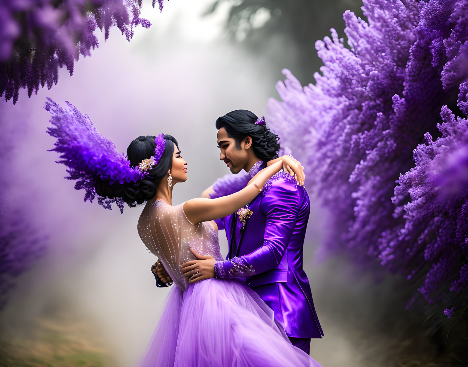 Romantic couple in elegant purple attire amidst vibrant flowers