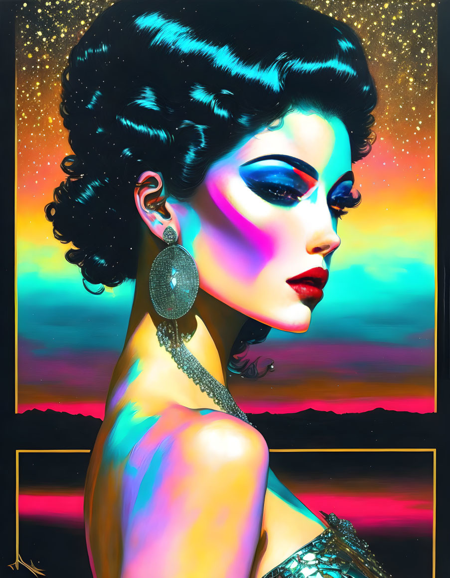 Colorful makeup and vintage hairstyle woman artwork against starry background