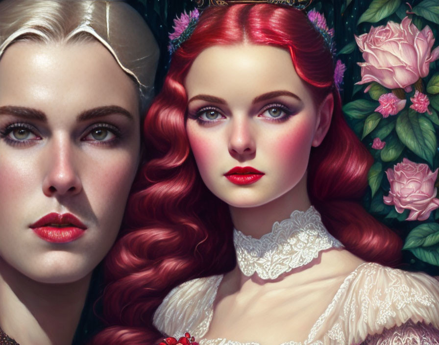 Blonde and red-haired women with floral adornments on a fairy-tale background.