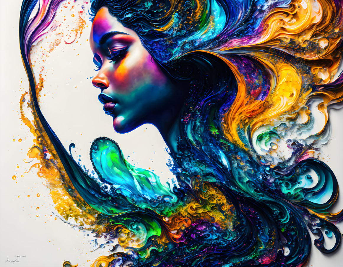 Colorful digital artwork: Woman's profile with flowing hair and abstract patterns