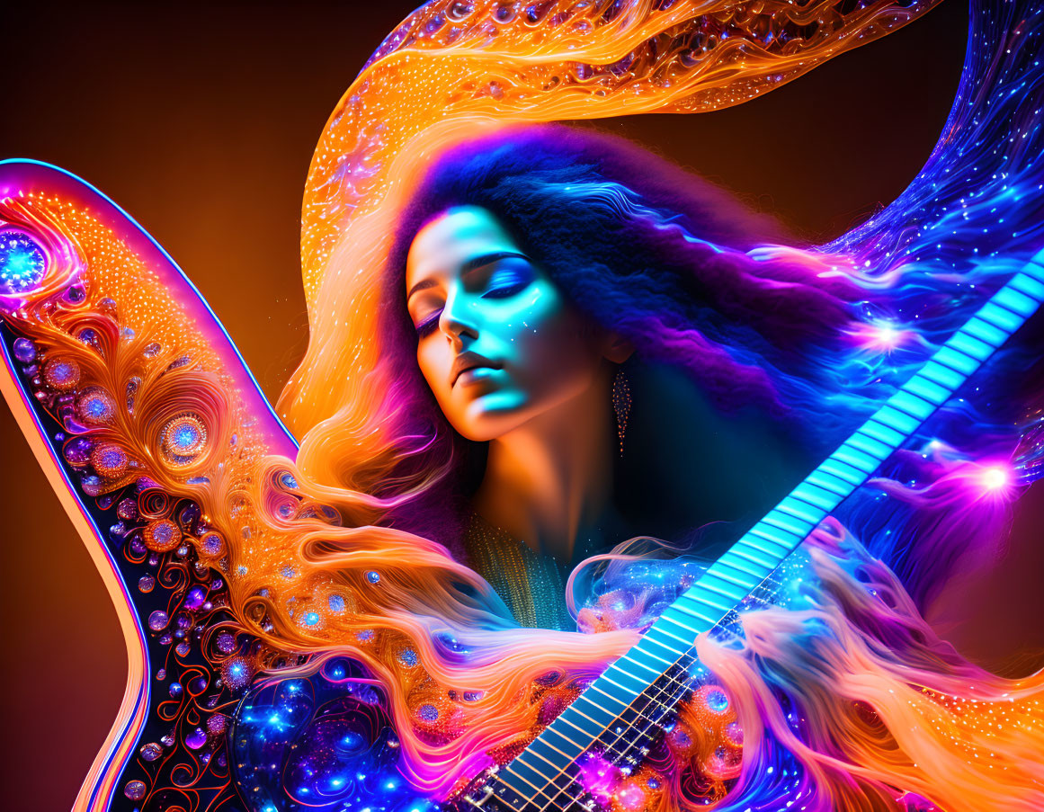 Colorful digital artwork: Woman with flowing hair in blue and orange, abstract patterns.