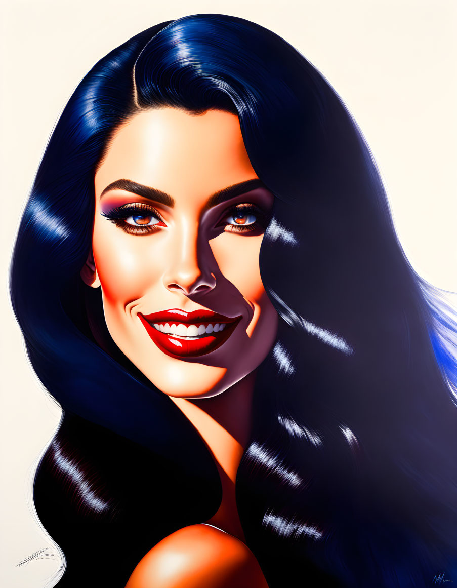 Vibrant illustration of a woman with long dark hair and red lipstick