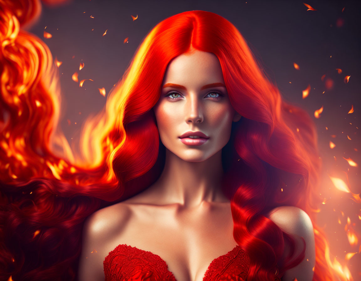 Vibrant digital artwork: woman with red hair and blue eyes engulfed in fiery embers