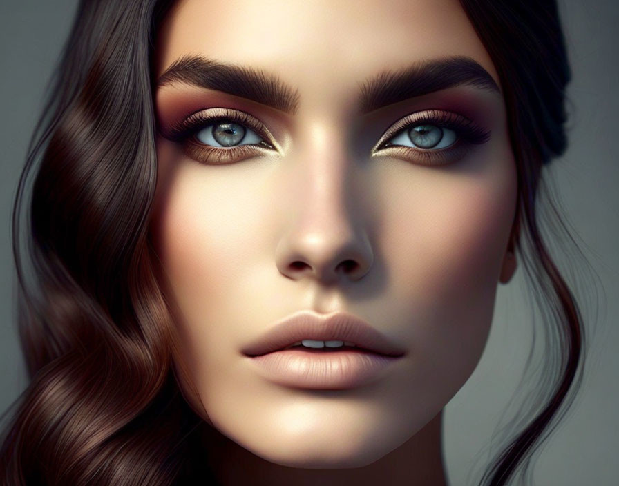 Detailed digital portrait of a woman with striking blue eyes and flowing brown hair