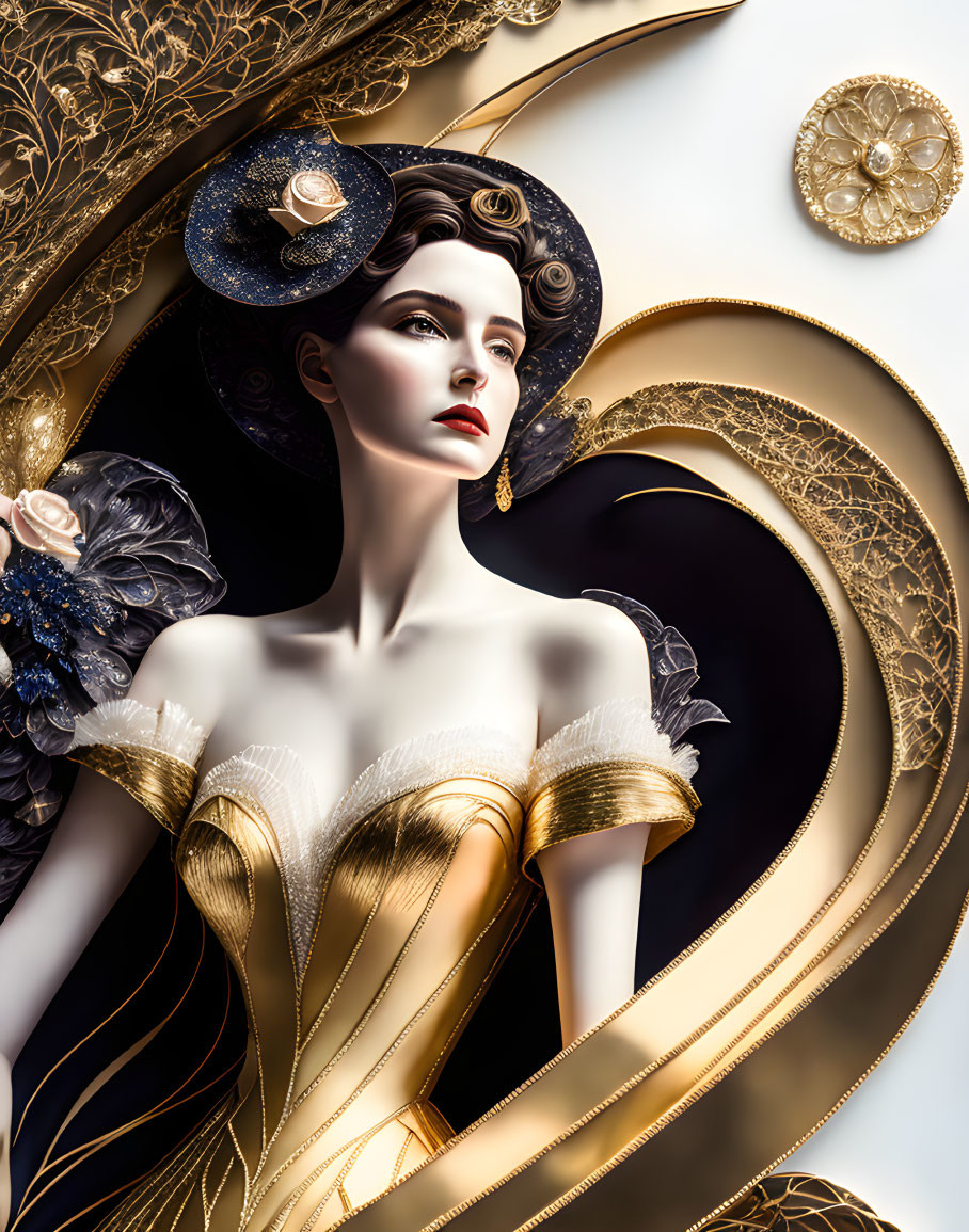 Stylized woman with pale skin and dark hair in Art Nouveau setting