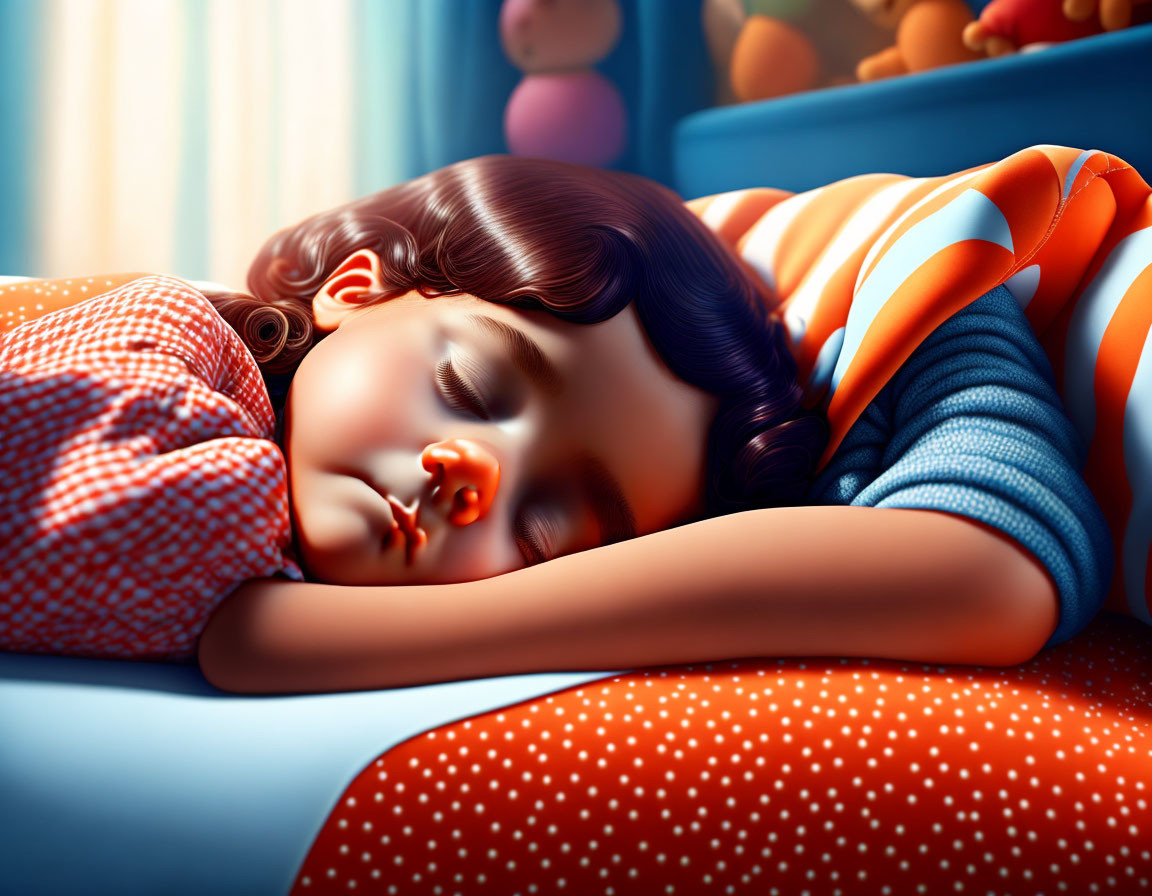 Curly-Haired Child Sleeping Peacefully Under Striped Blanket