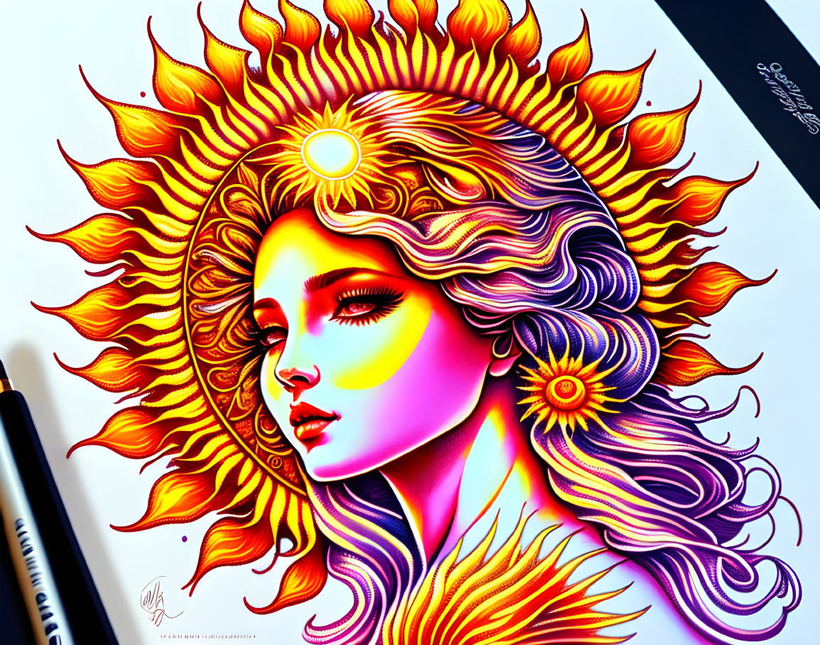 Vibrant woman profile with flowing hair and stylized sun in yellow, orange, and red.