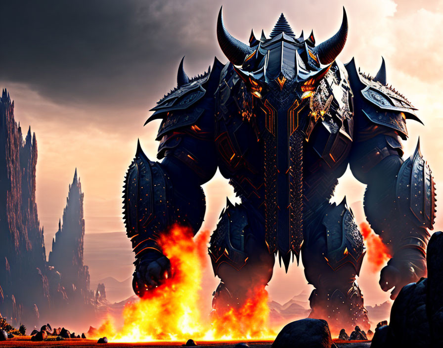 Armored giant breathing fire in hellish landscape