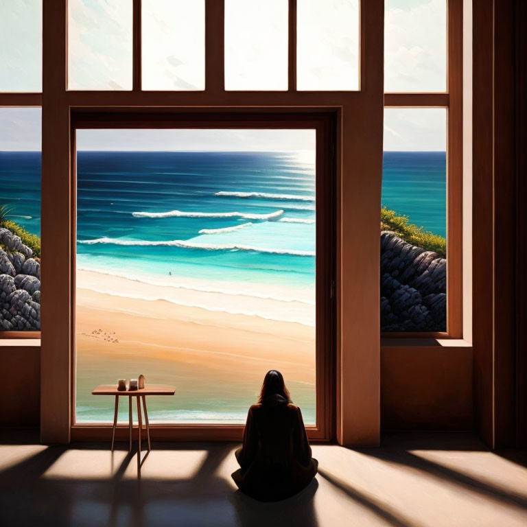 Person sitting by large window overlooking serene beach with rolling waves and small table.