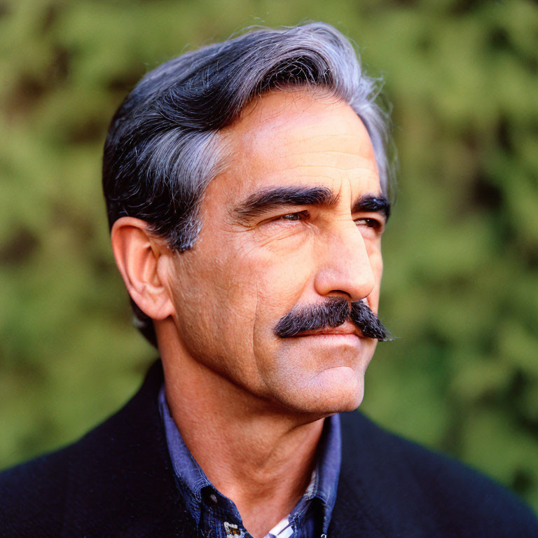 Gray-haired man with mustache gazes against green foliage.