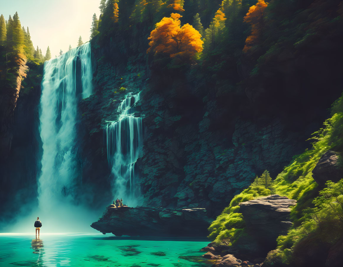 Person standing by turquoise pool at base of tall waterfall with green cliffs and golden tree