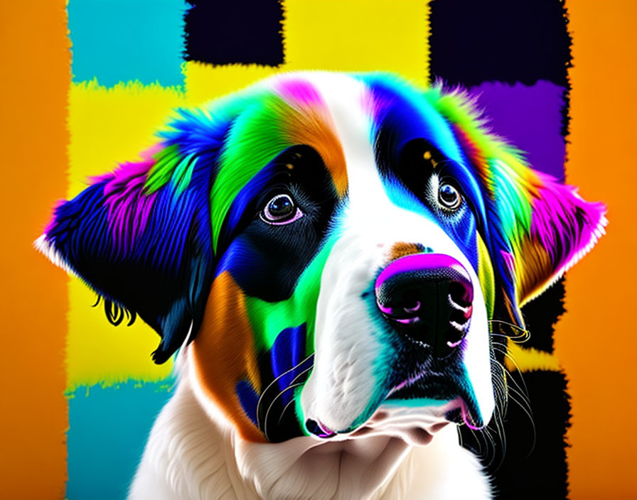 Colorful digital artwork: Dog in neon hues on pop art background