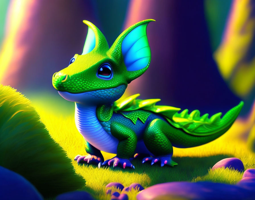 Colorful Cartoon Dragon Surrounded by Plants