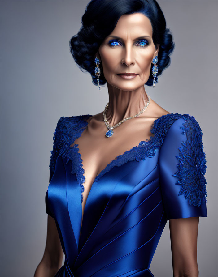 Dark-haired woman in sapphire blue gown with lace details and matching jewelry