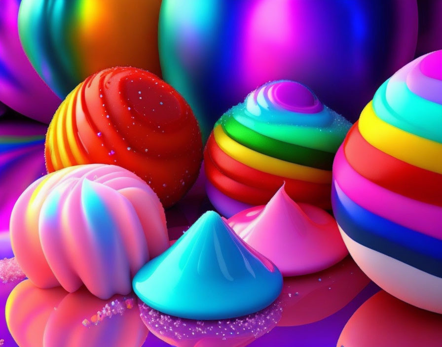 Vibrant 3D spheres and objects in glossy candy-like textures on pink backdrop