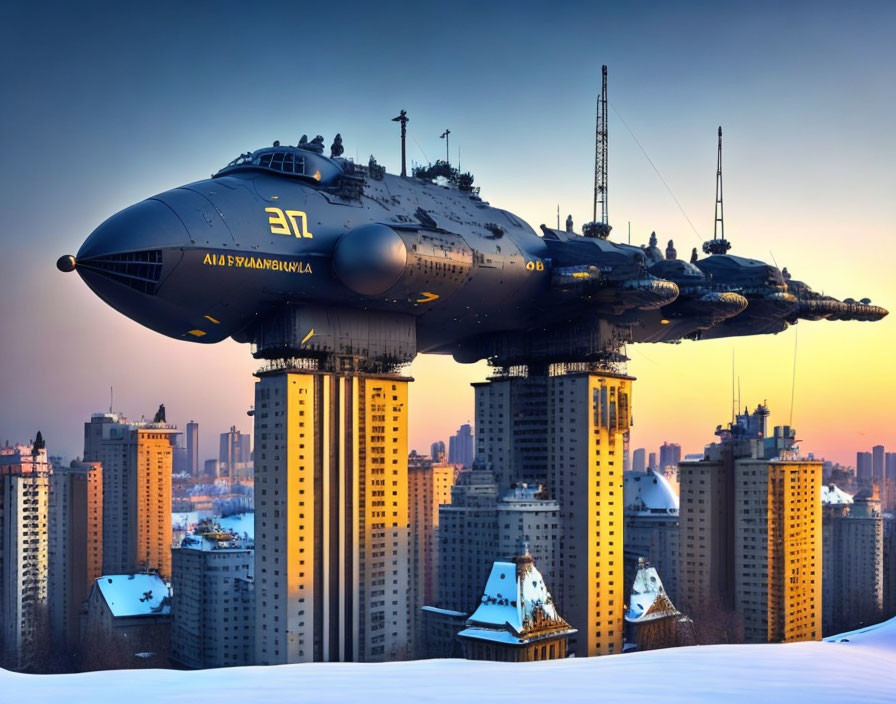 Futuristic airship over city skyline at sunset