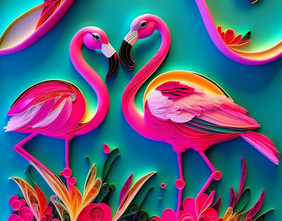 Vibrant pink flamingos on teal background with floral and feather patterns