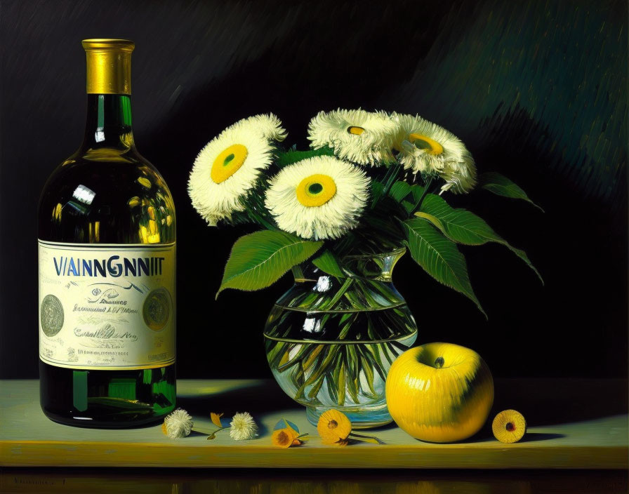 Still Life Painting with Wine Bottle, White Flowers, and Apple on Dark Background