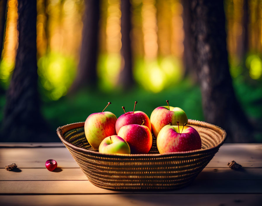 Fresh Apples Basket on Wooden Table with Forest Background