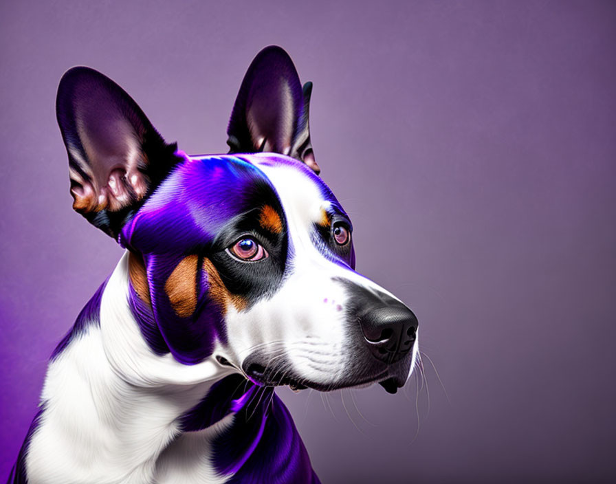 Tricolor Dog with Prominent Ears on Purple Background