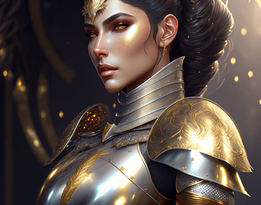 Female warrior digital art: ornate golden armor, dark hair, bold makeup