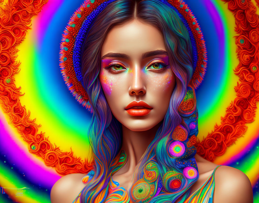 Colorful digital portrait of a woman with psychedelic patterns and vivid makeup