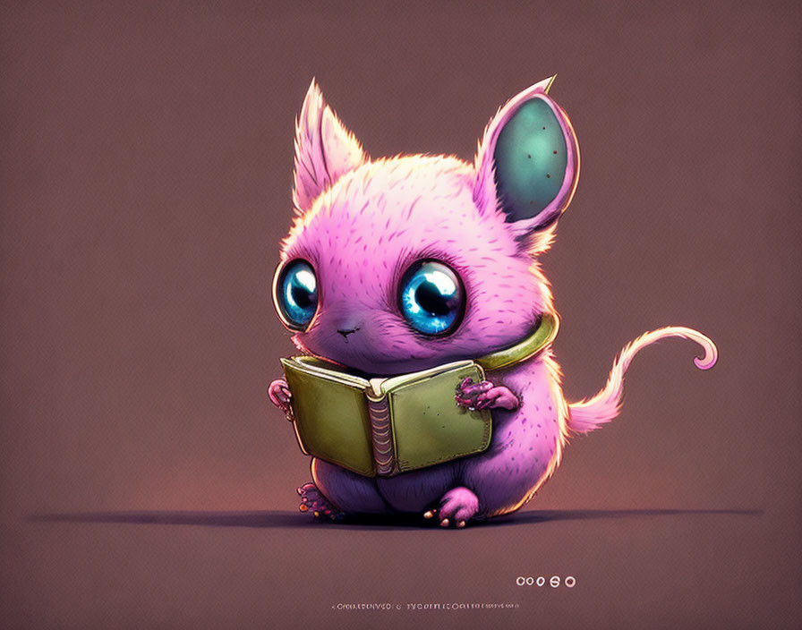 Pink furry creature with blue eyes reading a green book