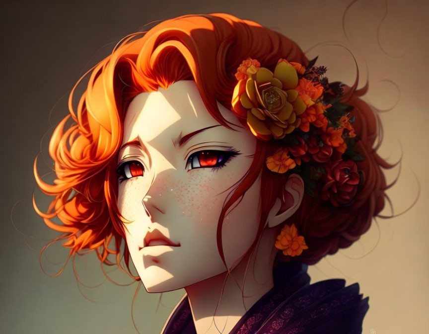 Portrait of a person with vibrant red curly hair and autumn-hued flowers.