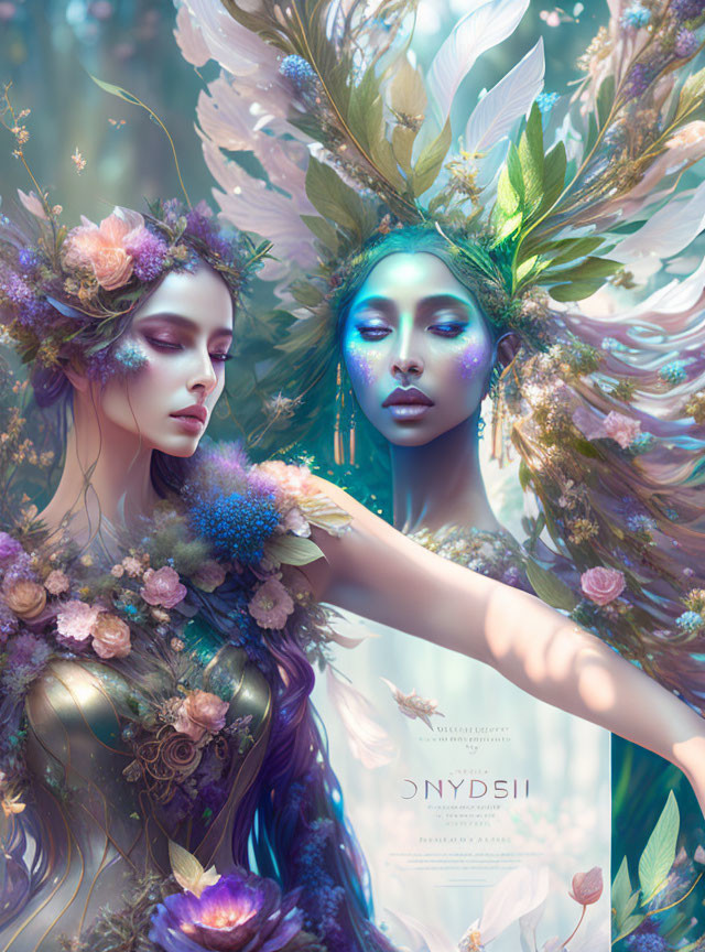 Ethereal female figures with floral headpieces in dreamlike botanical setting