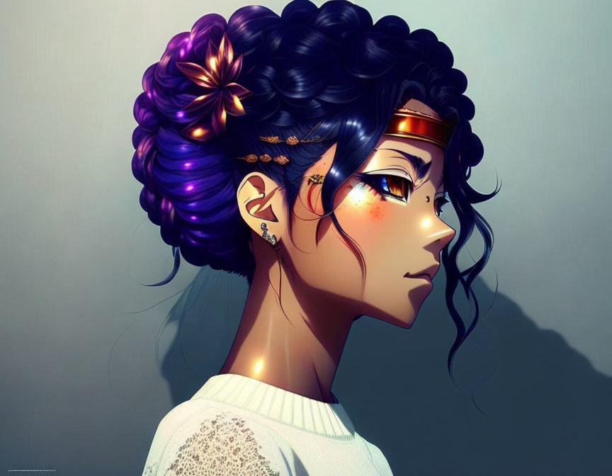 Woman with Purple Hair, Flowers, and Jewelry in Side Profile Portrait