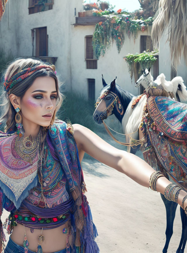 Bohemian woman with colorful makeup by decorated horses