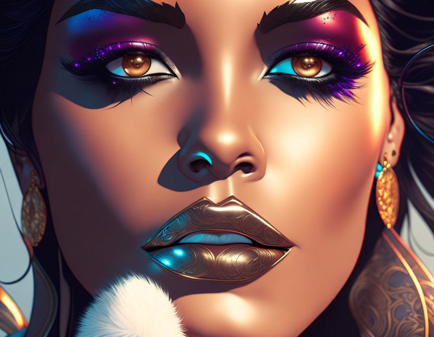 Detailed digital artwork of woman with vibrant makeup and metallic lips.