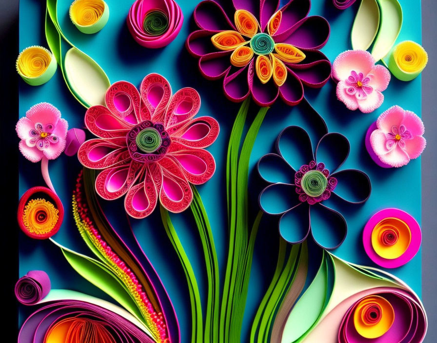 Colorful Rolled Paper Flowers on Dark Background