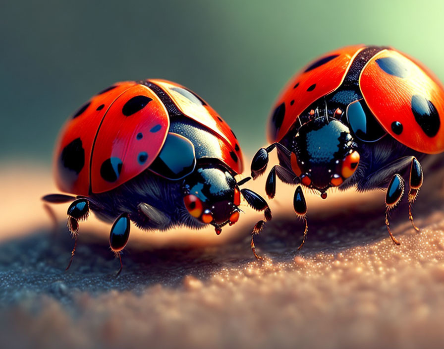 Vibrant ladybugs with shiny shells and spots on a water droplet-filled surface