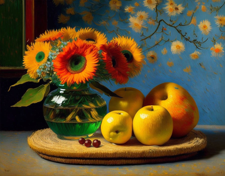 Vibrant sunflowers, apples, and cherries in a still life painting